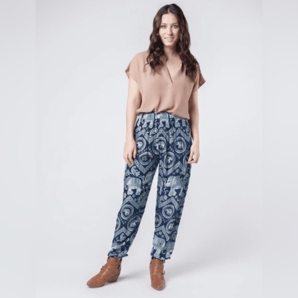 The Elephant Pants Navy Blue Elephant Print Harem Pants Size Large